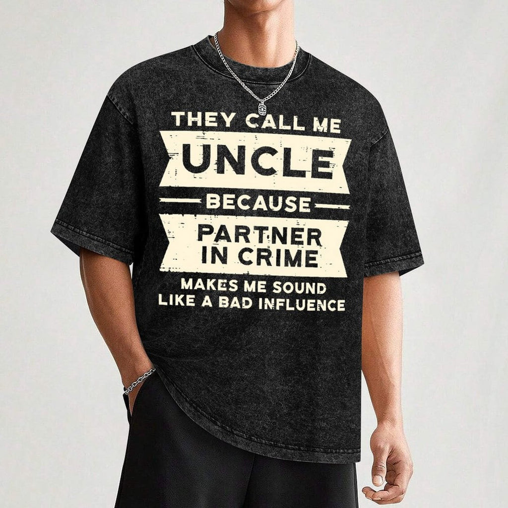 Men's Funny Uncle Crime Partner Slogan T-Shirt - 100% Breathable Retro Streetwear Tee With Partner In Crime Saying, Loose Fit Casual Short Sleeve Shirt For Daily Wear Washed Tee