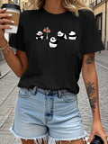 Lanyard Panda Print Short Sleeve Tee Cute Crew Neck Casual Top