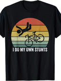 Men’s Funny Bicycle T-Shirt “I Do My Own Stunts”, Retro Sunset Graphic Tee, Cotton Crew Neck Short Sleeve