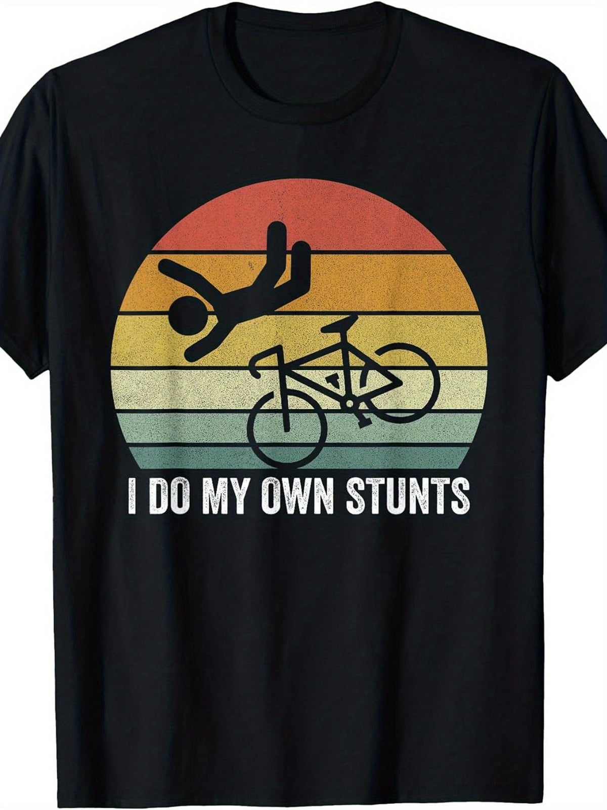 Men’s Funny Bicycle T-Shirt “I Do My Own Stunts”, Retro Sunset Graphic Tee, Cotton Crew Neck Short Sleeve
