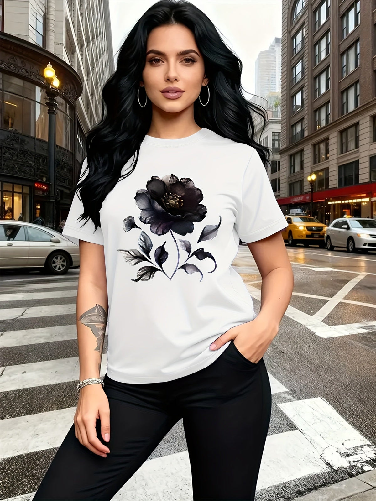 Dark Watercolor Floral Graphic Crew Neck Tee Trendy Casual Short Sleeve Top