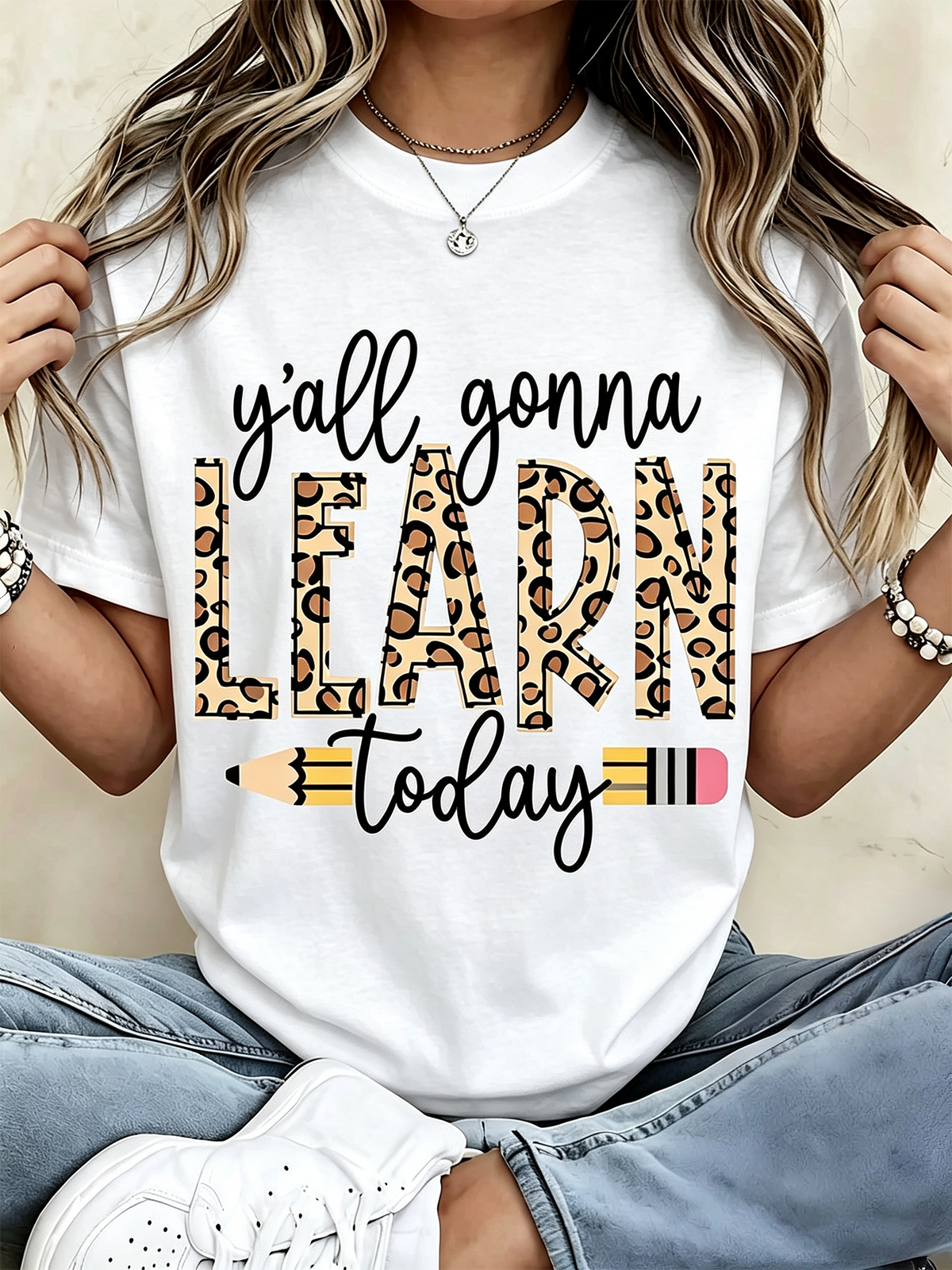 Y'all Gonna Learn Today Leopard Pencil Graphic T-Shirt, Funny Teacher Short Sleeve Tee for Women