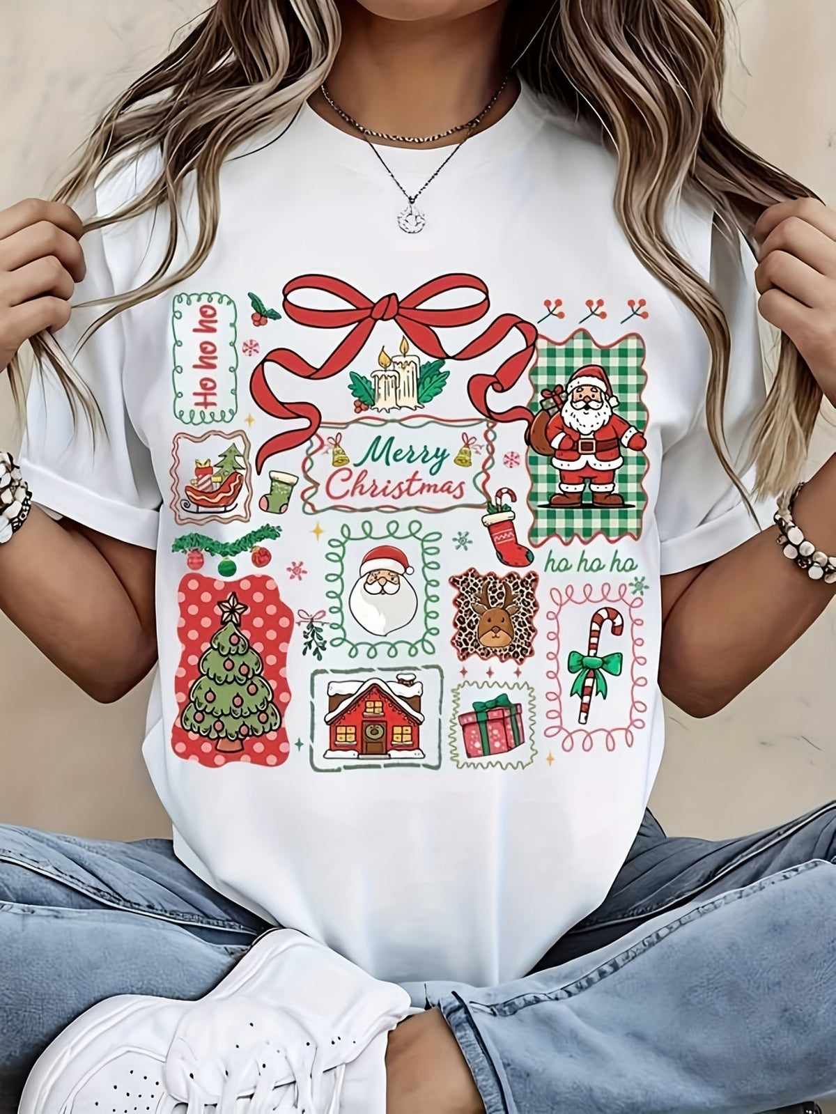 Merry Christmas Collage Graphic T-Shirt, Gift for Holiday Enthusiasts, Casual Everyday Wear