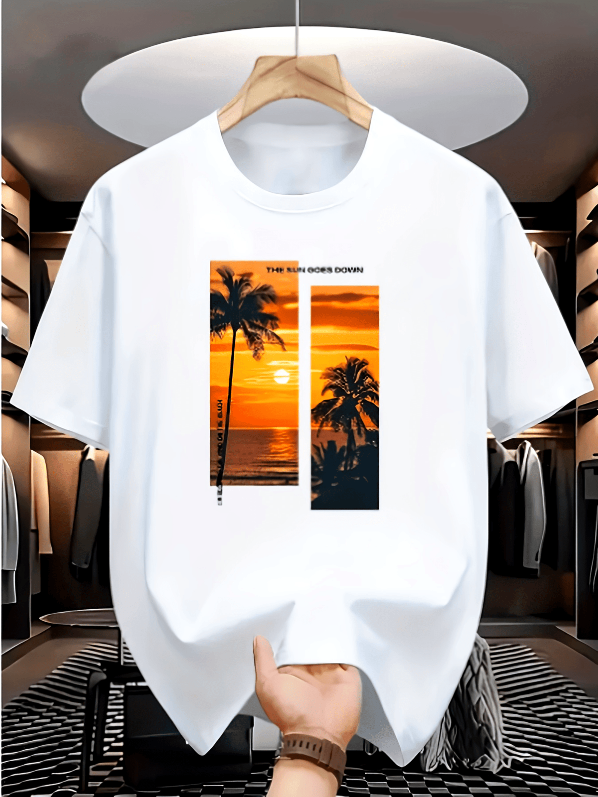 Beach Sunset Palm Tree Print Short Sleeve Tee Breathable Crew Neck Summer Top