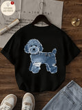 Faux Denim Dog Print Short Sleeve Tee Trendy Fashion Summer Casual Top