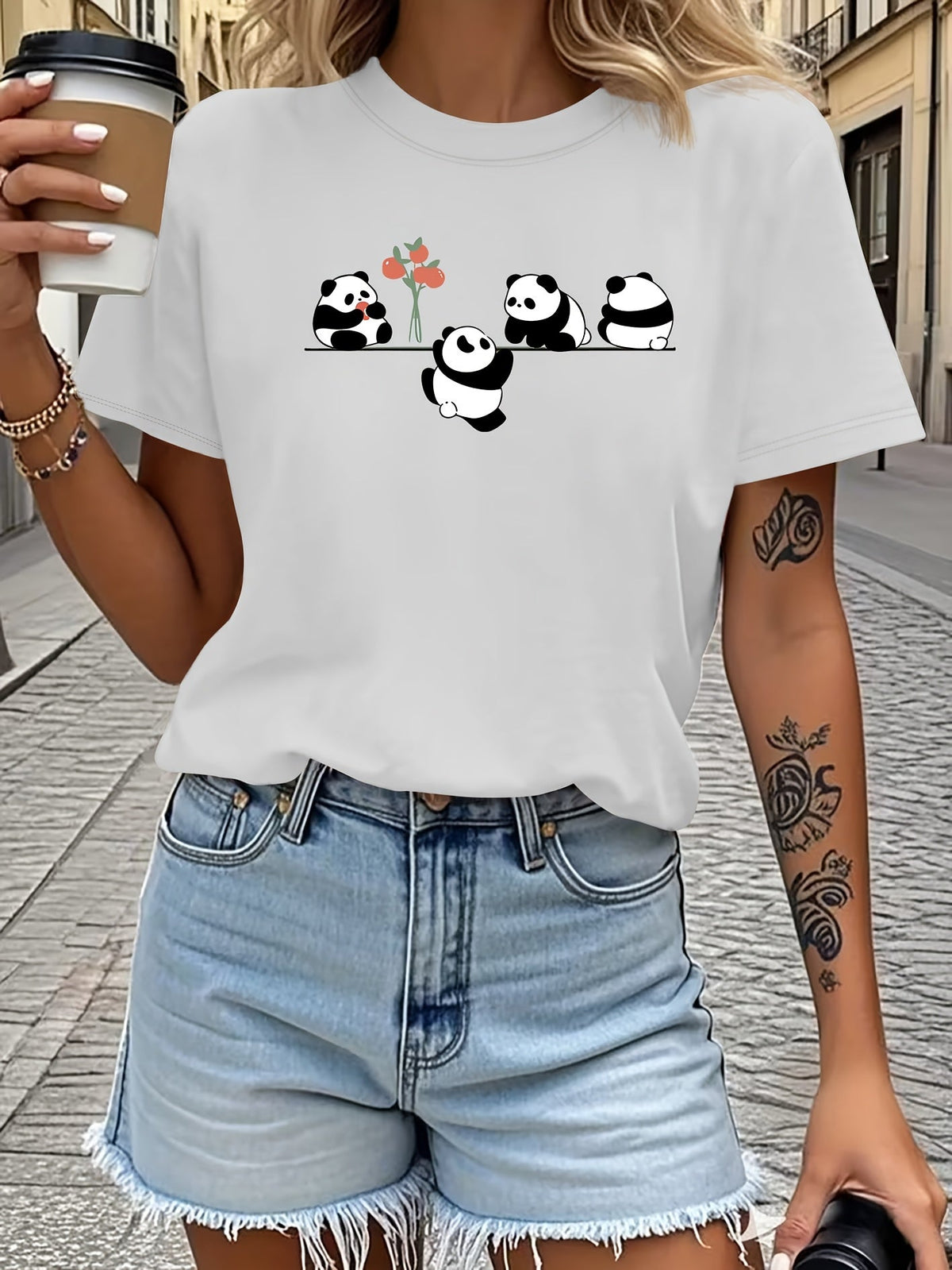 Lanyard Panda Print Short Sleeve Tee Cute Crew Neck Casual Top