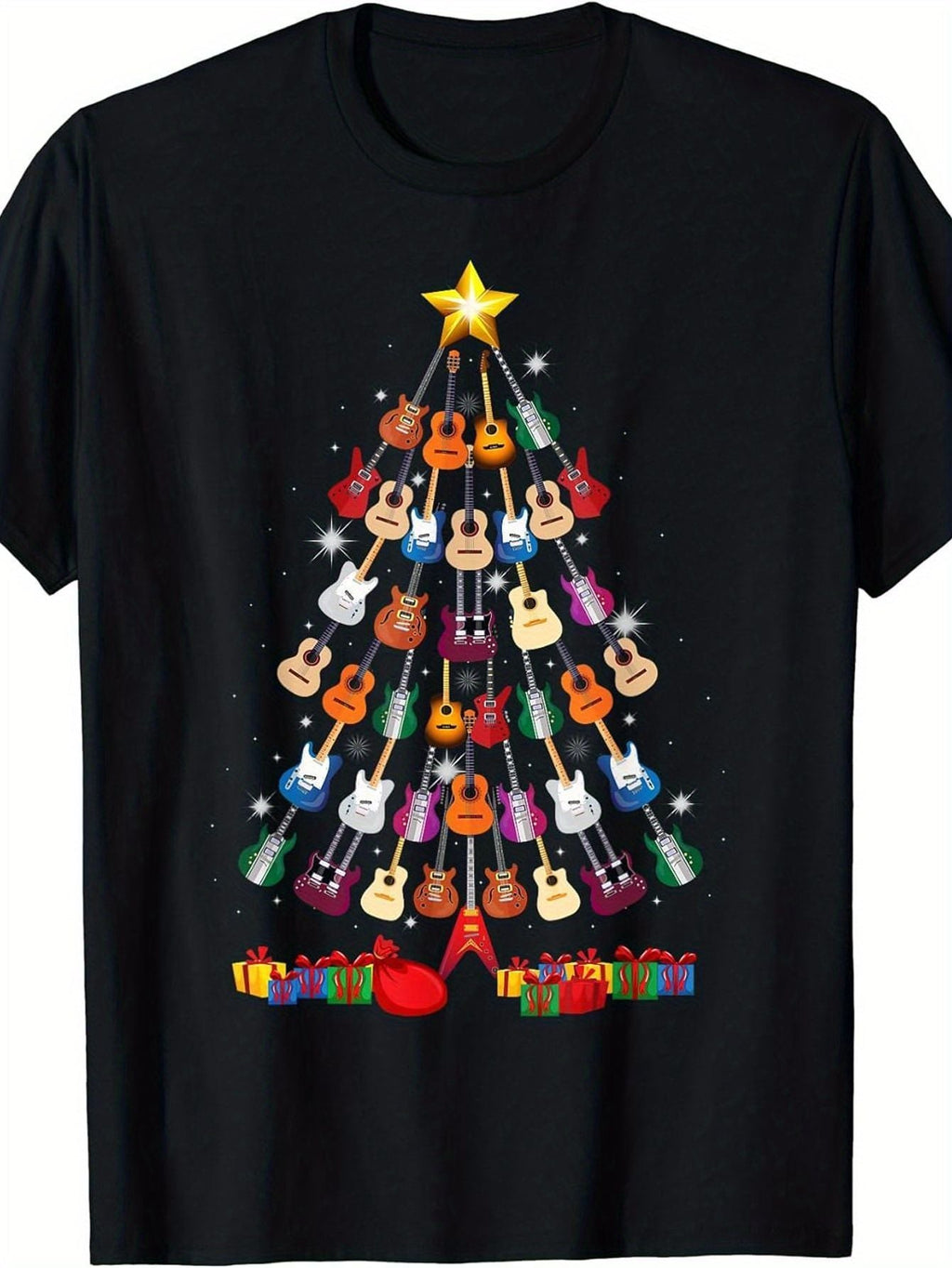 Guitar Christmas Tree Graphic T-Shirt for Men, Funny Music Lover Holiday Tee, Unisex Cotton Crew Neck Short Sleeve