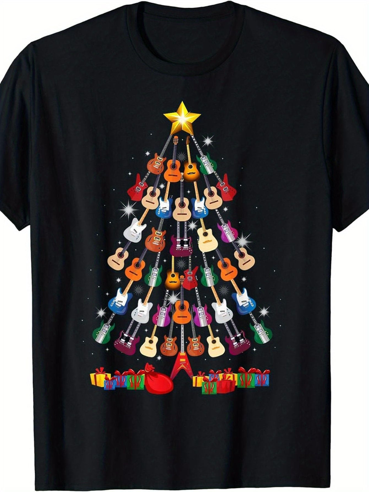 Guitar Christmas Tree Graphic T-Shirt for Men, Funny Music Lover Holiday Tee, Unisex Cotton Crew Neck Short Sleeve
