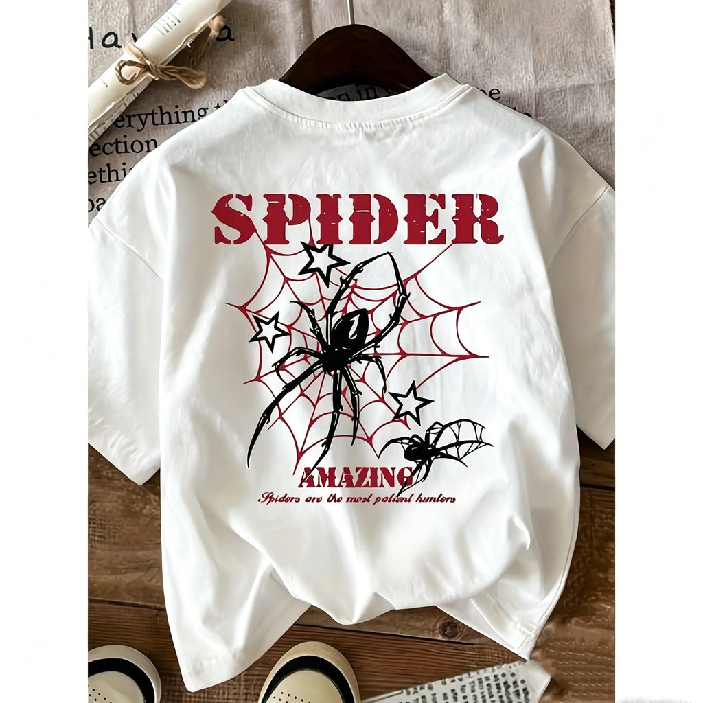 Spider Wonder Red Web Black Print Cotton Short Sleeve Tee Unisex Crew Neck Casual Top