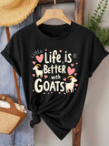 Cartoon Goat Heart Print Short Sleeve Tee Distressed Retro Crew Neck Top