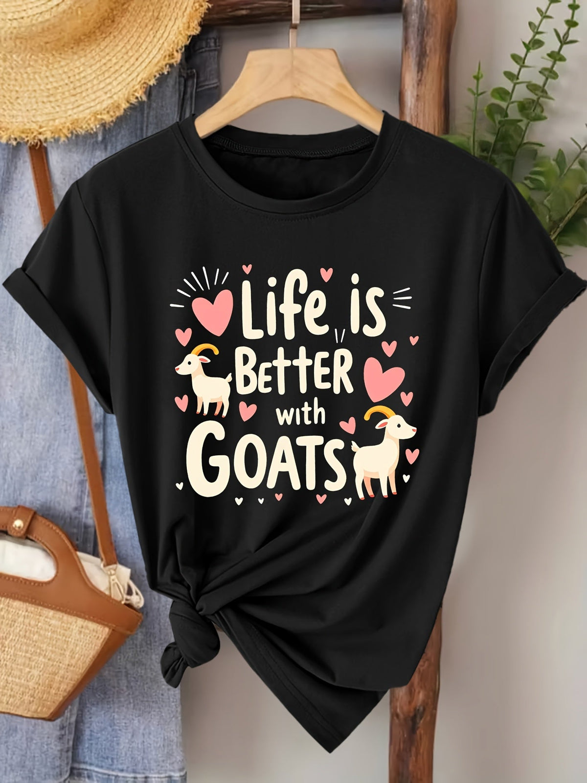 Cartoon Goat Heart Print Short Sleeve Tee Distressed Retro Crew Neck Top