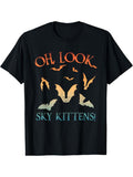 Gothic Bat Print Cotton Short Sleeve Tee Oh Look Sky Kitten Text Crew Neck Top