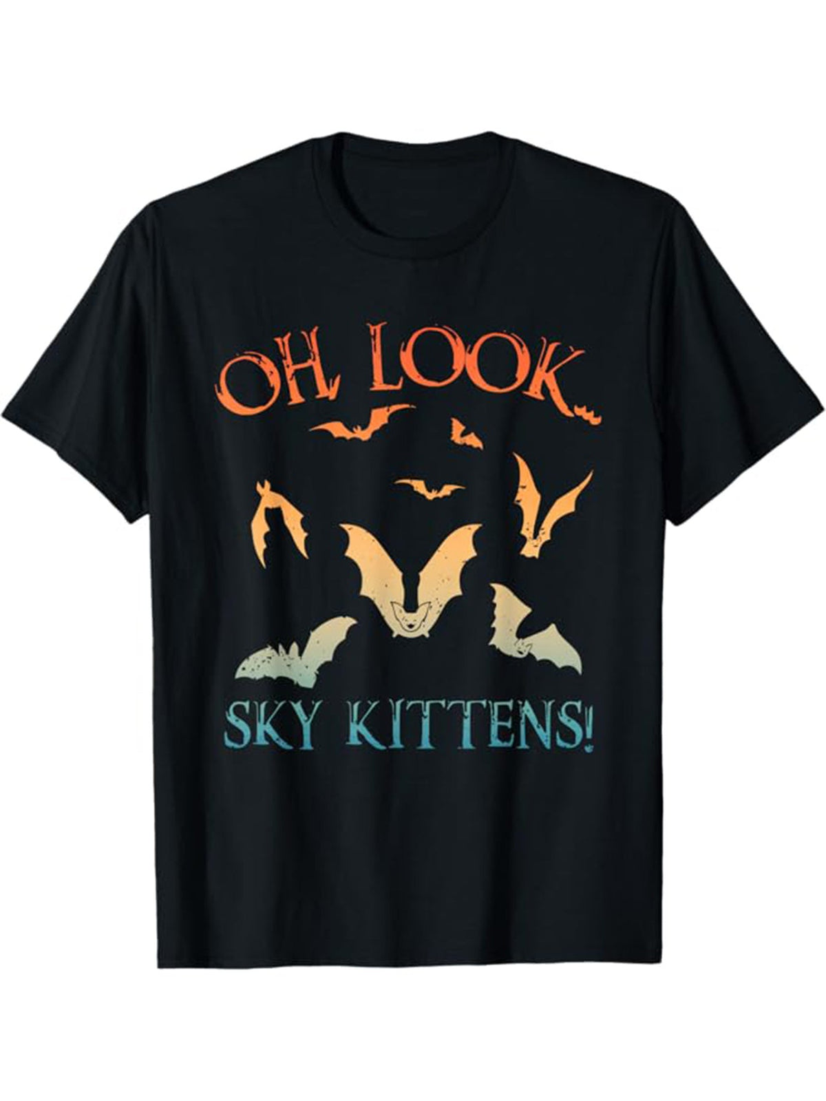Gothic Bat Print Cotton Short Sleeve Tee Oh Look Sky Kitten Text Crew Neck Top