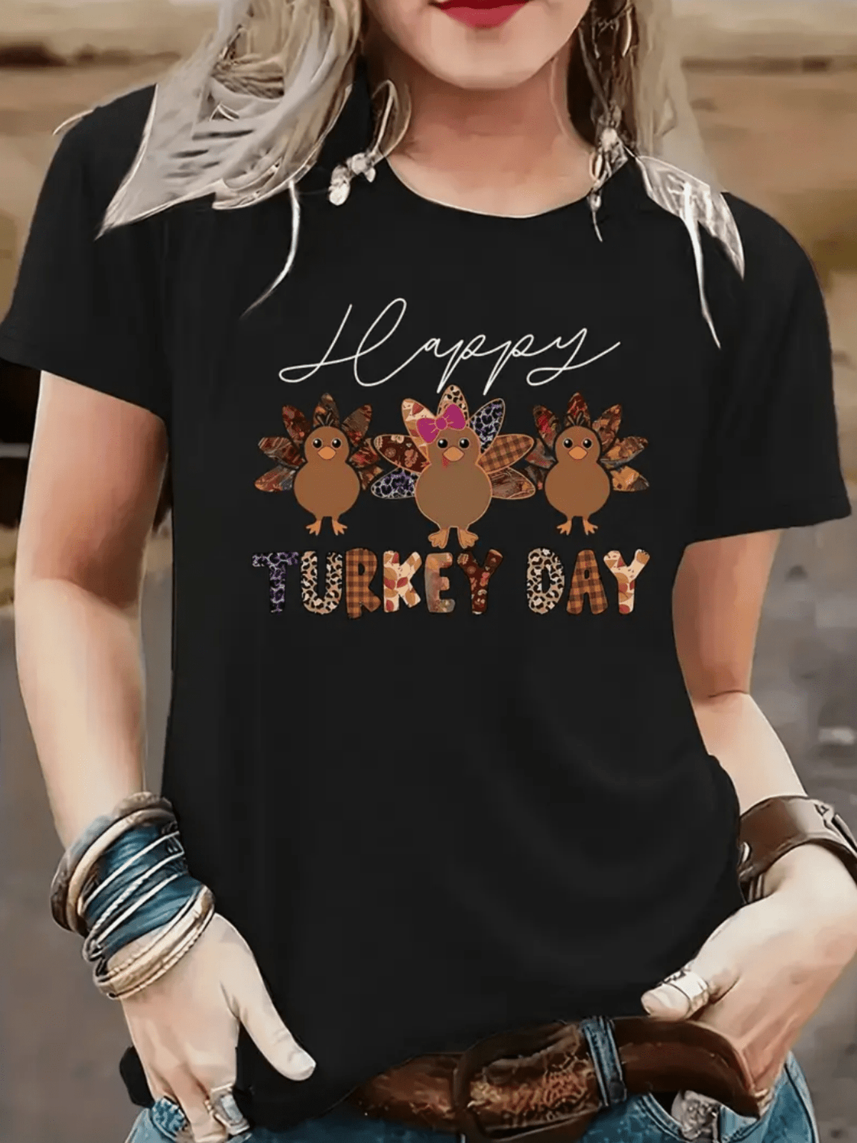 Thanksgiving Animal Letter Print Short Sleeve Tee Spring Summer Crew Neck Top