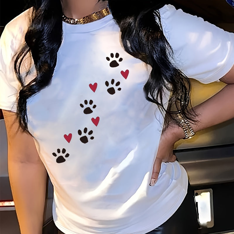 Cute Dog Paw Heart Print Short Sleeve Tee Unisex Crew Neck Casual Top