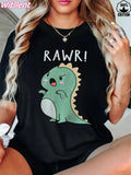 Cute Angry Dinosaur Graphic Crew Neck Tee Womens Christmas Cotton Top