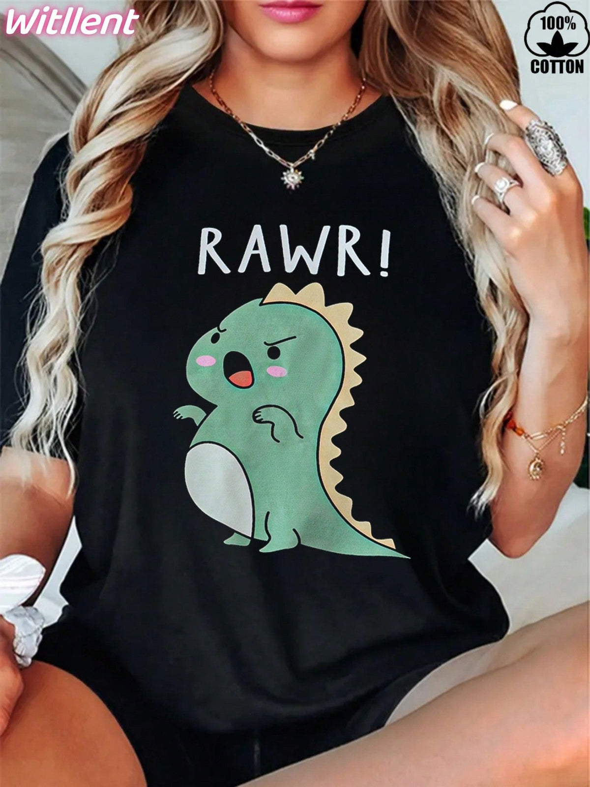 Cute Angry Dinosaur Graphic Crew Neck Tee Womens Christmas Cotton Top