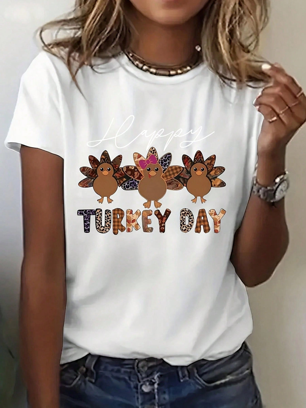 Thanksgiving Animal Letter Print Short Sleeve Tee Spring Summer Crew Neck Top
