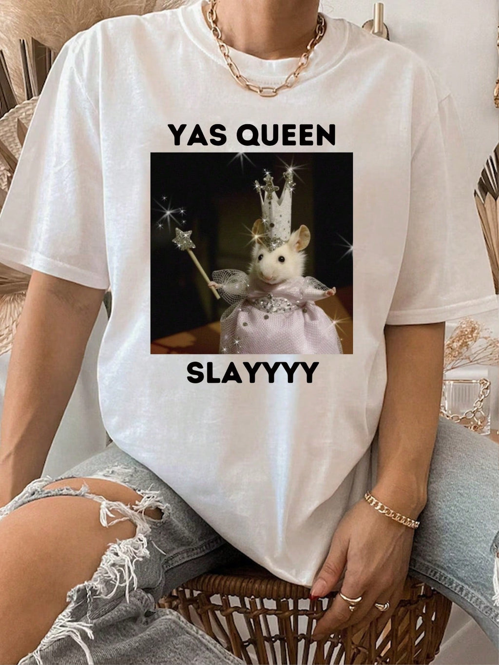 Rat Queen Graphic Crew Neck Tee Minimalist Casual Short Sleeve Top