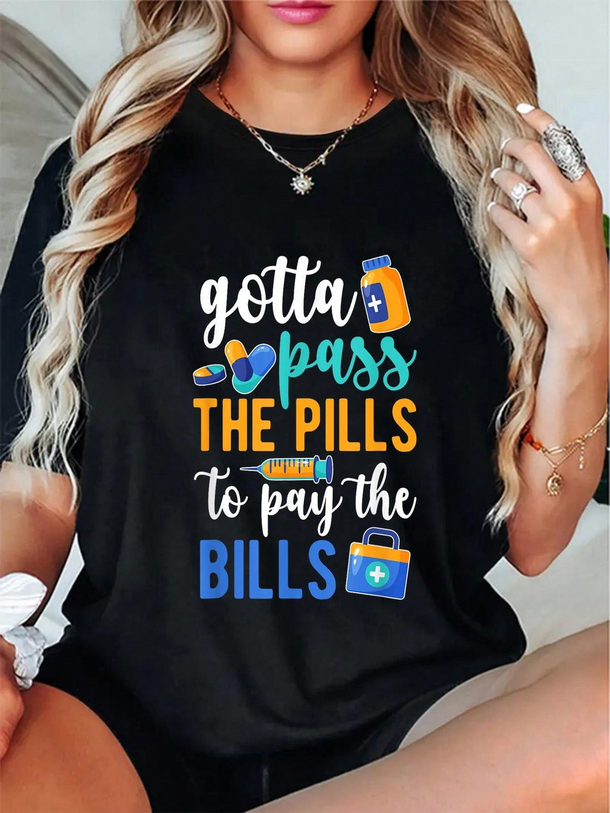 Gotta Pass The Pills Medication Aide Print Short Sleeve Tee Crew Neck Casual Top