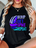 Volleyball Bump Set Spike Repeat Print Short Sleeve Tee Blue Purple Crew Top
