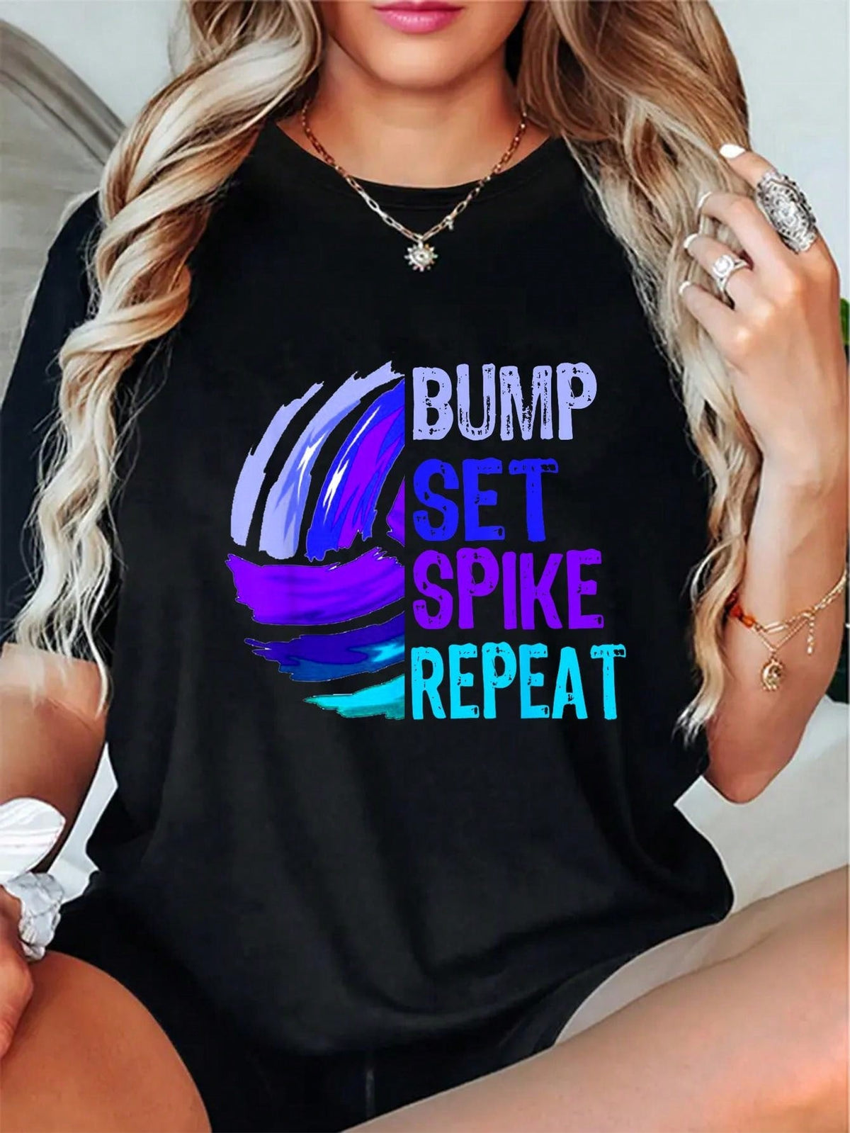 Volleyball Bump Set Spike Repeat Print Short Sleeve Tee Blue Purple Crew Top