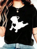 French Bulldog Yoga Love Heart Print Cotton Short Sleeve Tee Crew Neck Top