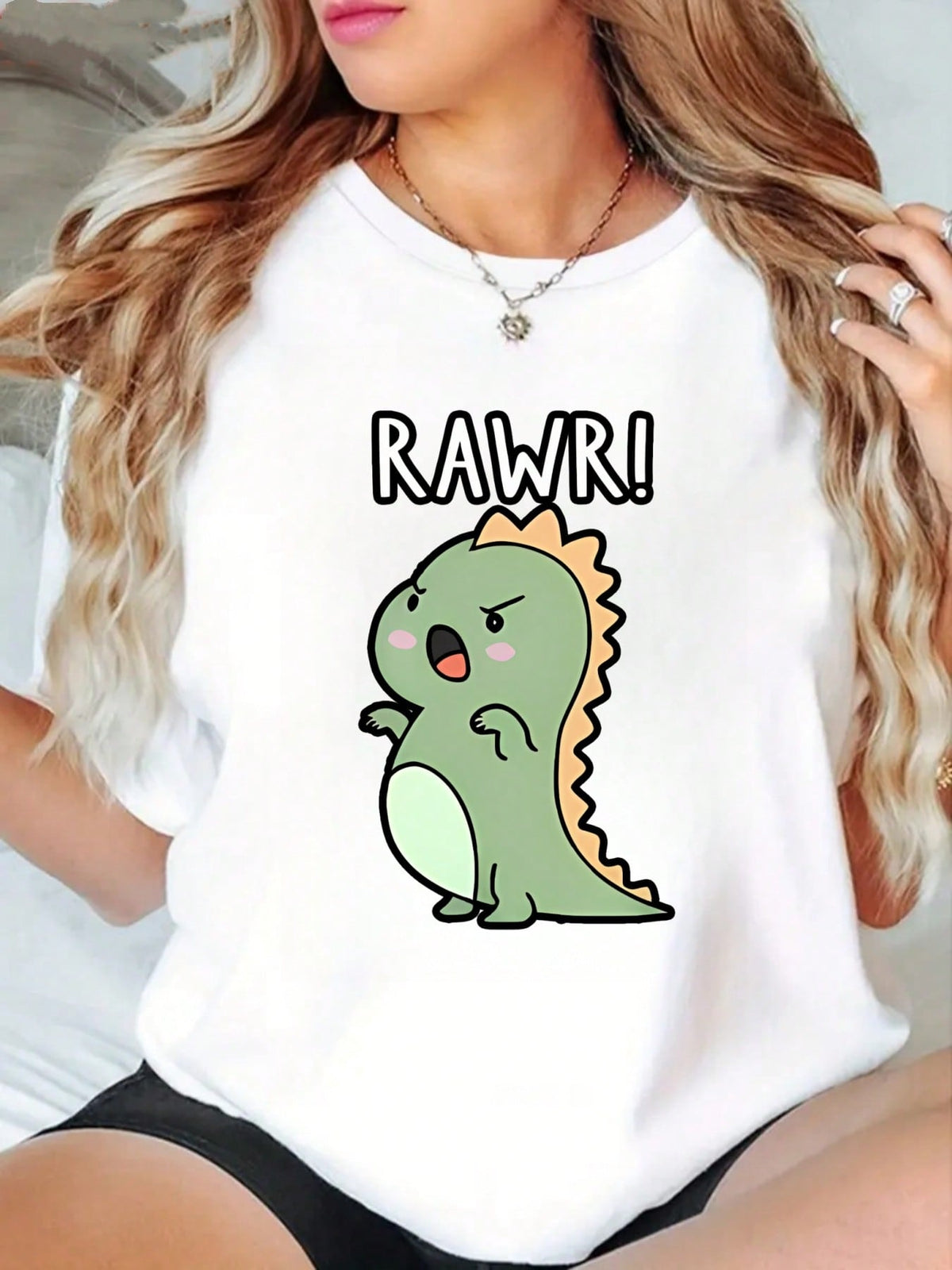 Cute Angry Dinosaur Graphic Crew Neck Tee Womens Christmas Cotton Top