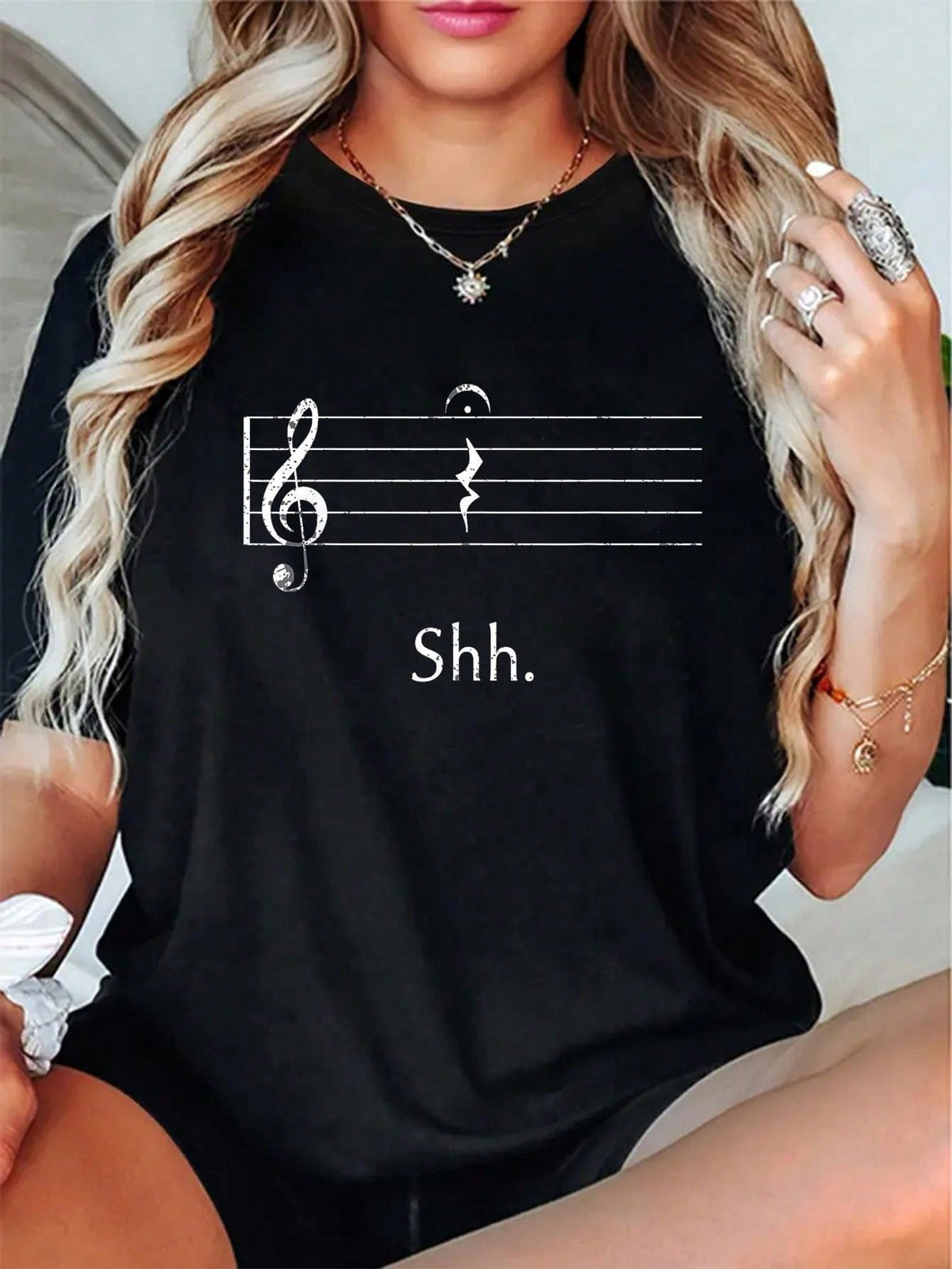 Shh Quarter Rest Fermata Print Cotton Tee Funny Music Crew Neck Short Sleeve Top