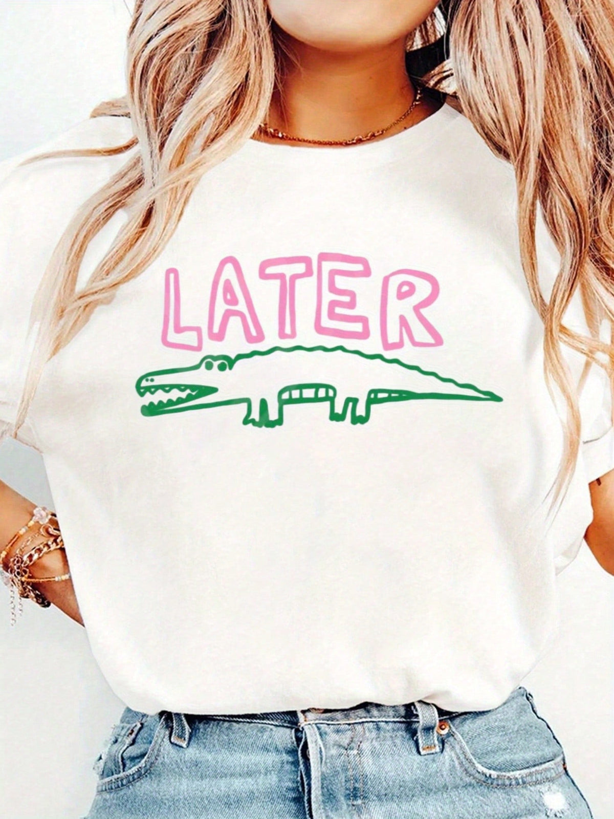 Later Gator Funny Crocodile Print Lightweight Short Sleeve Tee Crew Neck Top