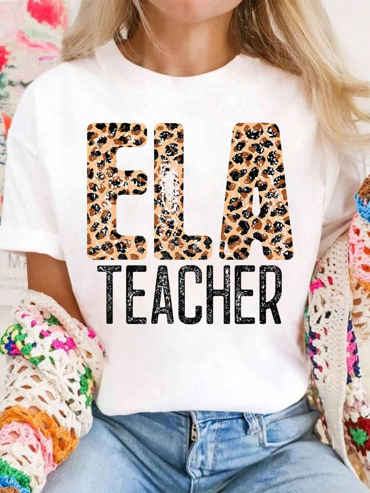 ELA English Teacher Leopard Sarcastic Funny Print Cotton Short Sleeve Tee Top