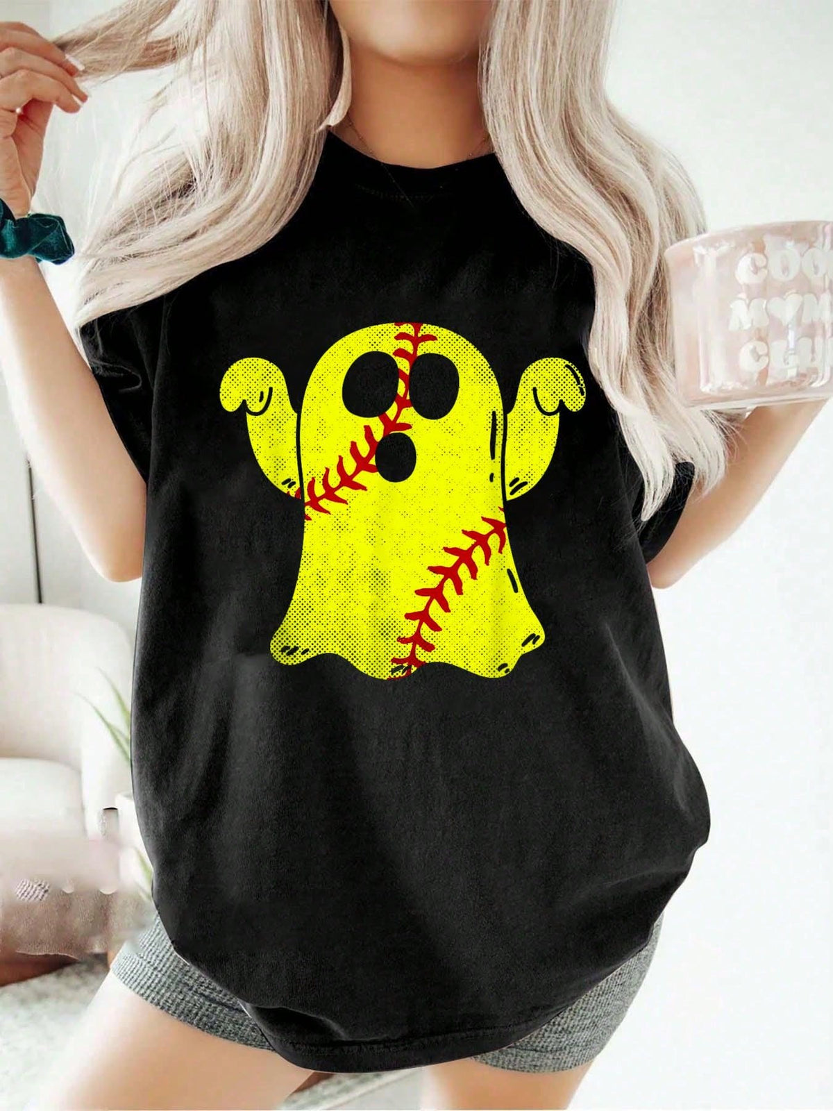 Softball Ghost Print Cotton Short Sleeve Tee Halloween Softball Lover Top