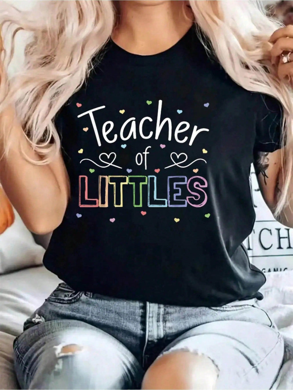 Teacher Of LITTLES Letter Print T-Shirt, Short Sleeve Crew Neck Casual Top For Summer & Spring, Women's Clothing