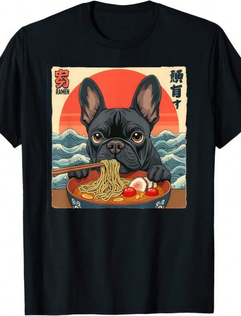 French Bulldog Eating Noodles Ukiyo E Print Tee Oversized Crew Neck Y2K Top