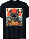 French Bulldog Eating Noodles Ukiyo E Print Tee Oversized Crew Neck Y2K Top