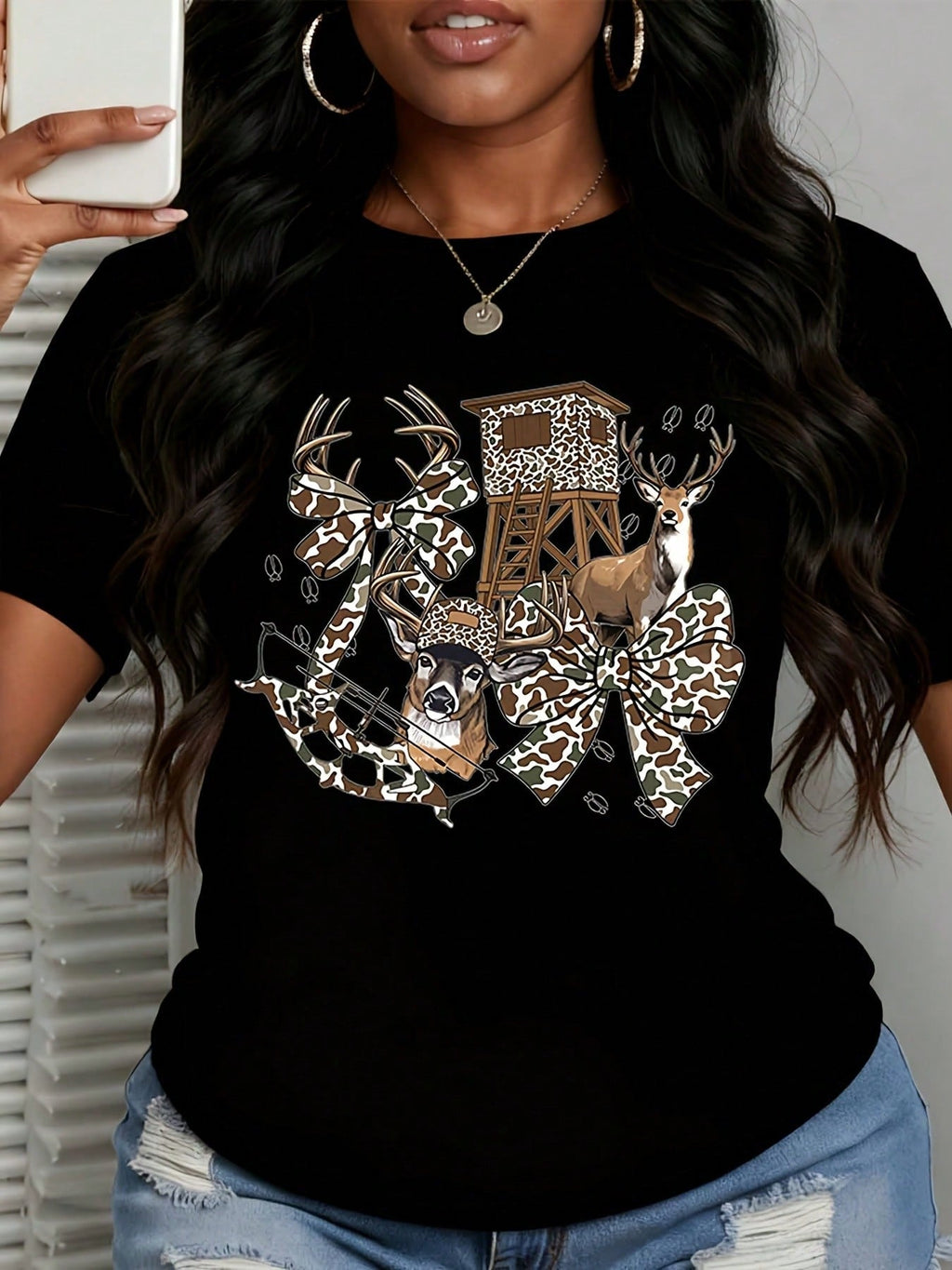 Womens Deer Hunting T Shirt Coquette Bow Camo Country Western Graphic Tee Whitetail Bowhunting Short Sleeve Crew Neck Fall Top for Ladies