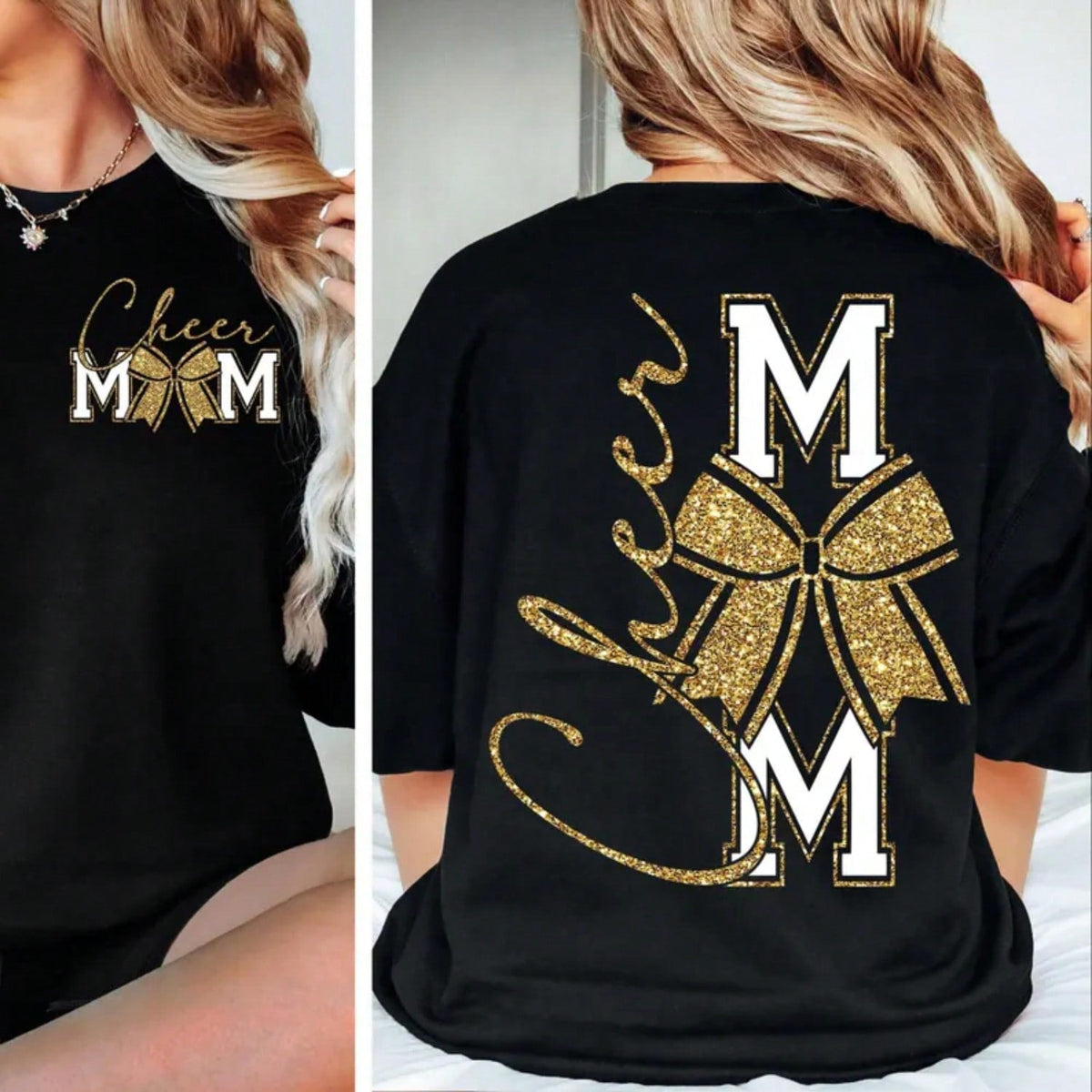 Cheer Mom Gold Game Day Cheerleader Print Tee Crew Neck Short Sleeve Top