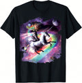 Space Cat Print Black Cotton Short Sleeve Tee Funny Crew Top
