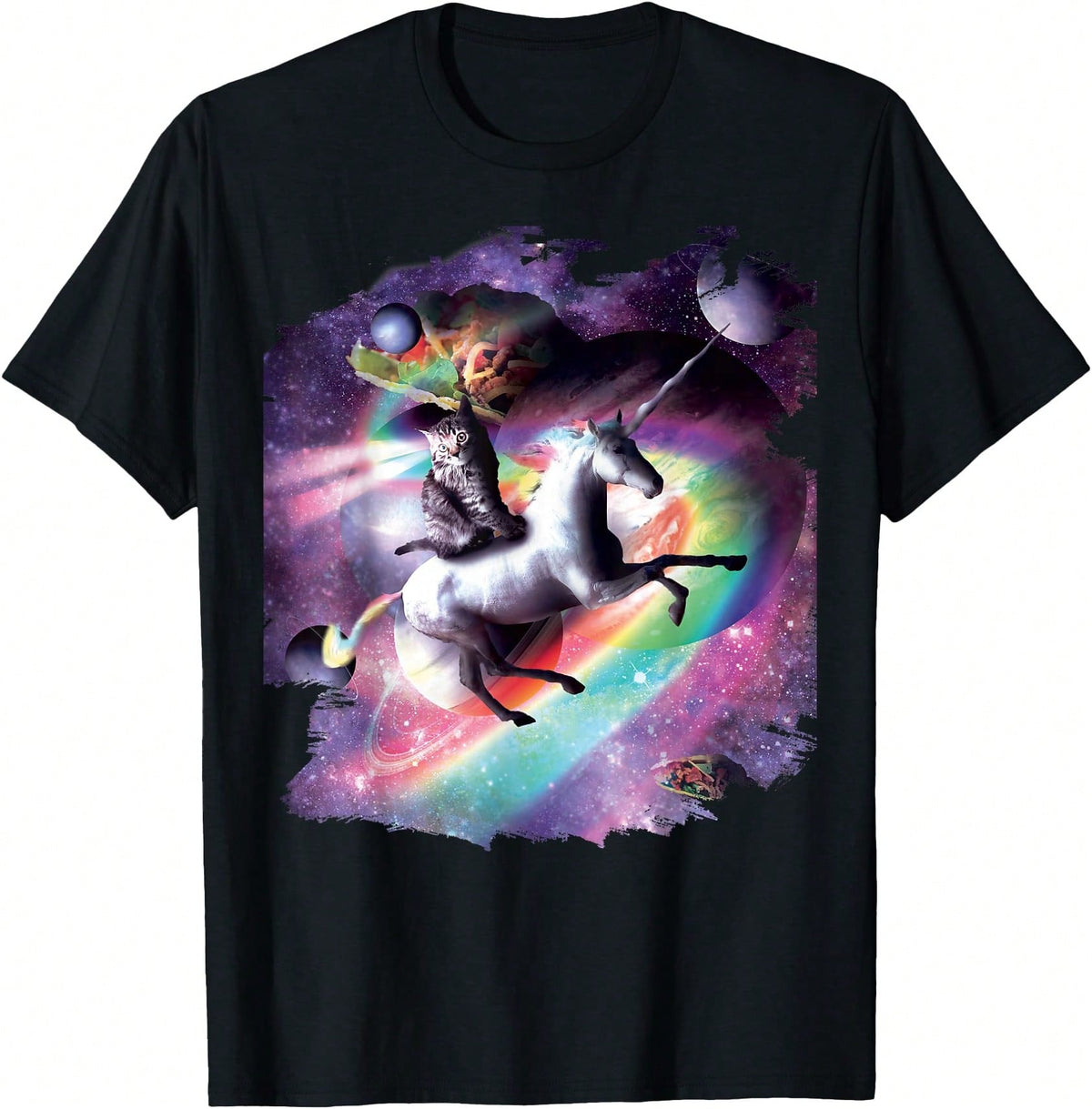 Space Cat Print Black Cotton Short Sleeve Tee Funny Crew Top