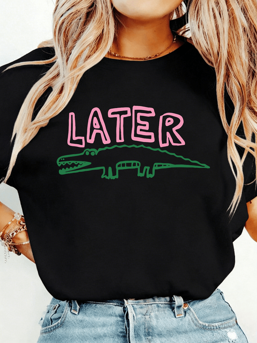 Later Gator Funny Crocodile Print Lightweight Short Sleeve Tee Crew Neck Top
