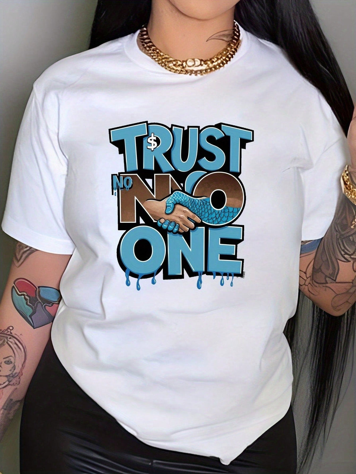 Trust No One Blue Brown Drip Letter Print Short Sleeve Tee Vintage Street Top