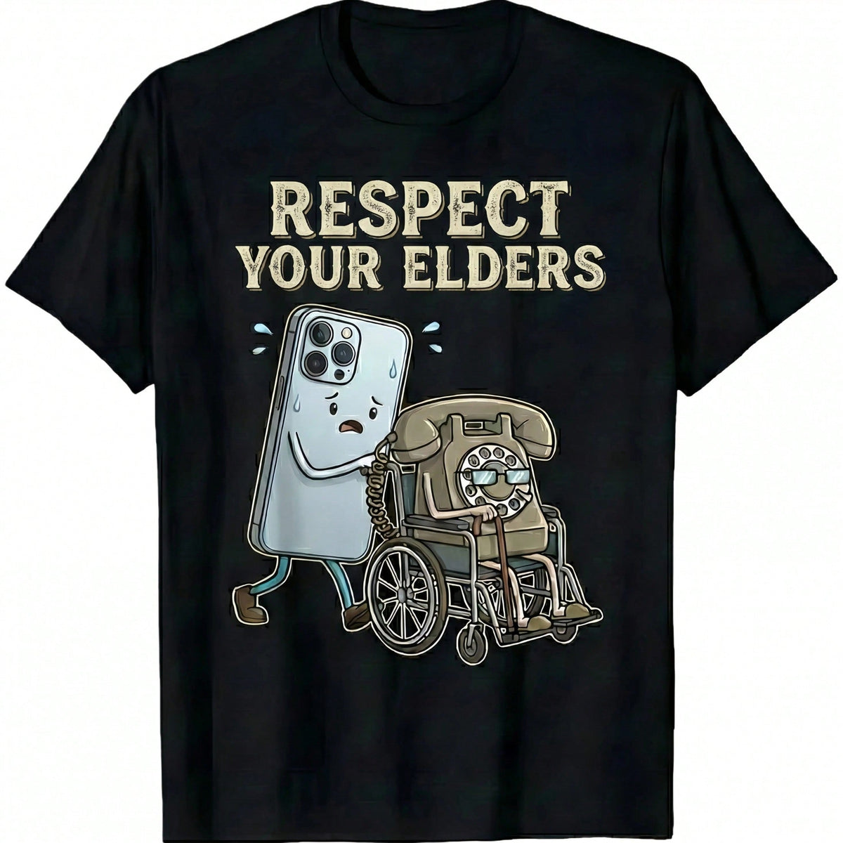 Respect Your Elders Smartphone Rotary Phone Print Tee Tech Geek Crew Neck Top