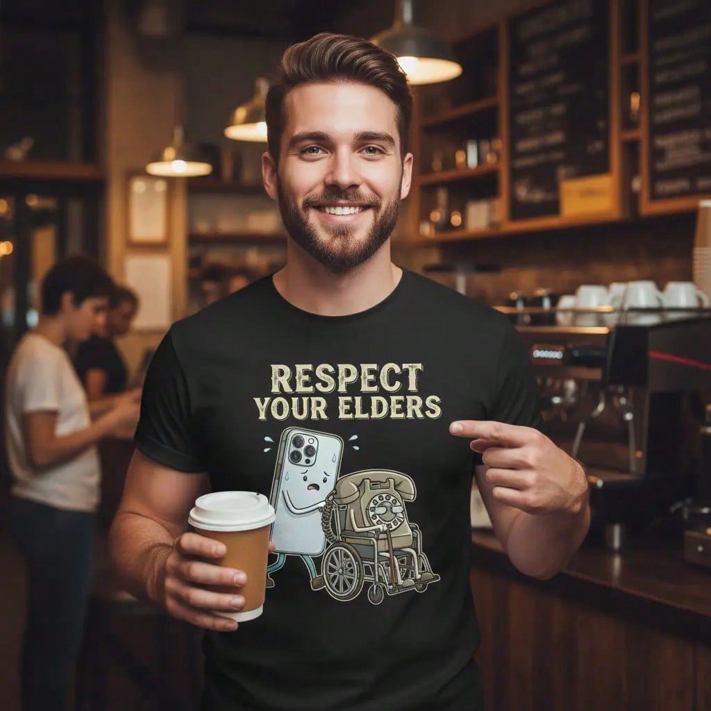 Respect Your Elders Smartphone Rotary Phone Print Tee Tech Geek Crew Neck Top