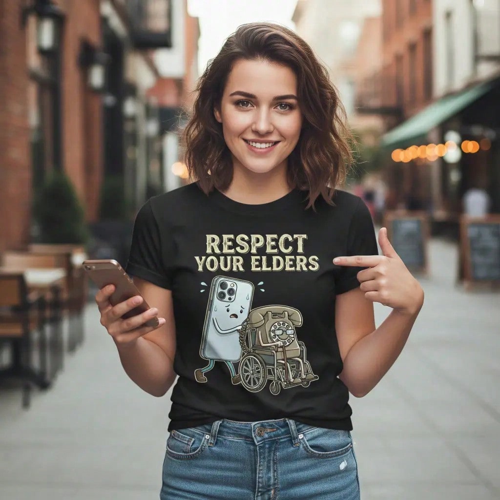 Respect Your Elders Smartphone Rotary Phone Print Tee Tech Geek Crew Neck Top