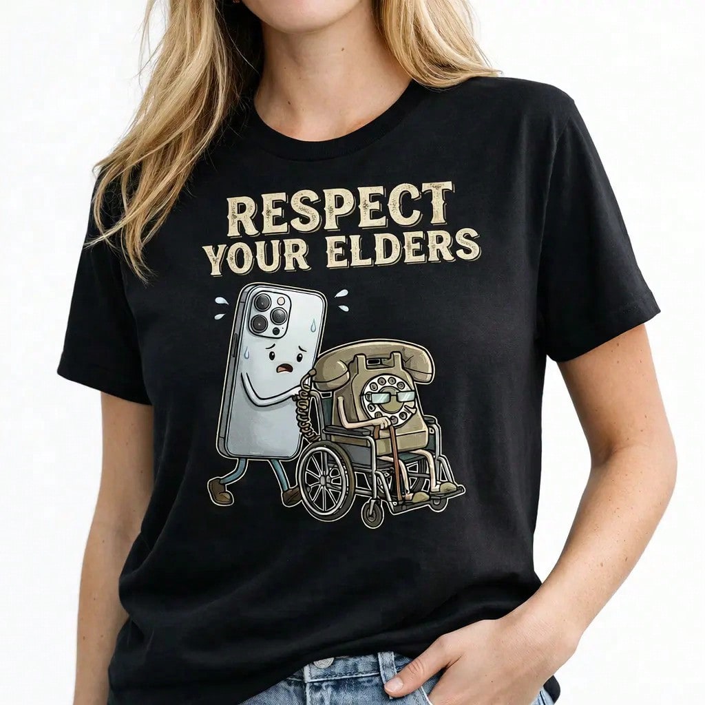 Respect Your Elders Smartphone Rotary Phone Print Tee Tech Geek Crew Neck Top