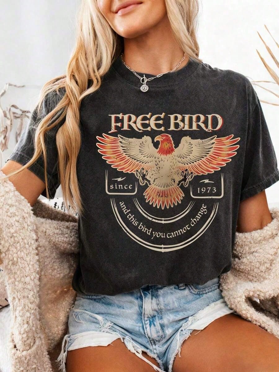 Free Bird Vintage Band Print Tee Comfortable Crew Neck Short Sleeve Top