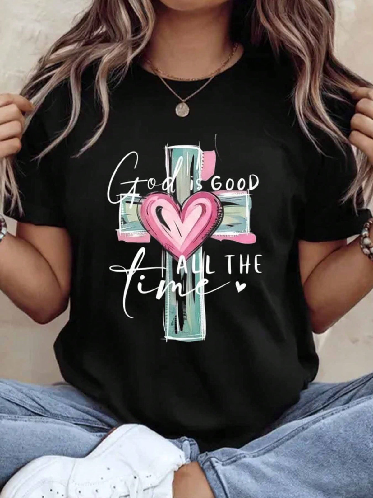 God Is Good All The Time Christian Cross Heart T Shirt For Women Faith Inspired Religious Top Cute Summer Outfit Mother Day Gift Idea