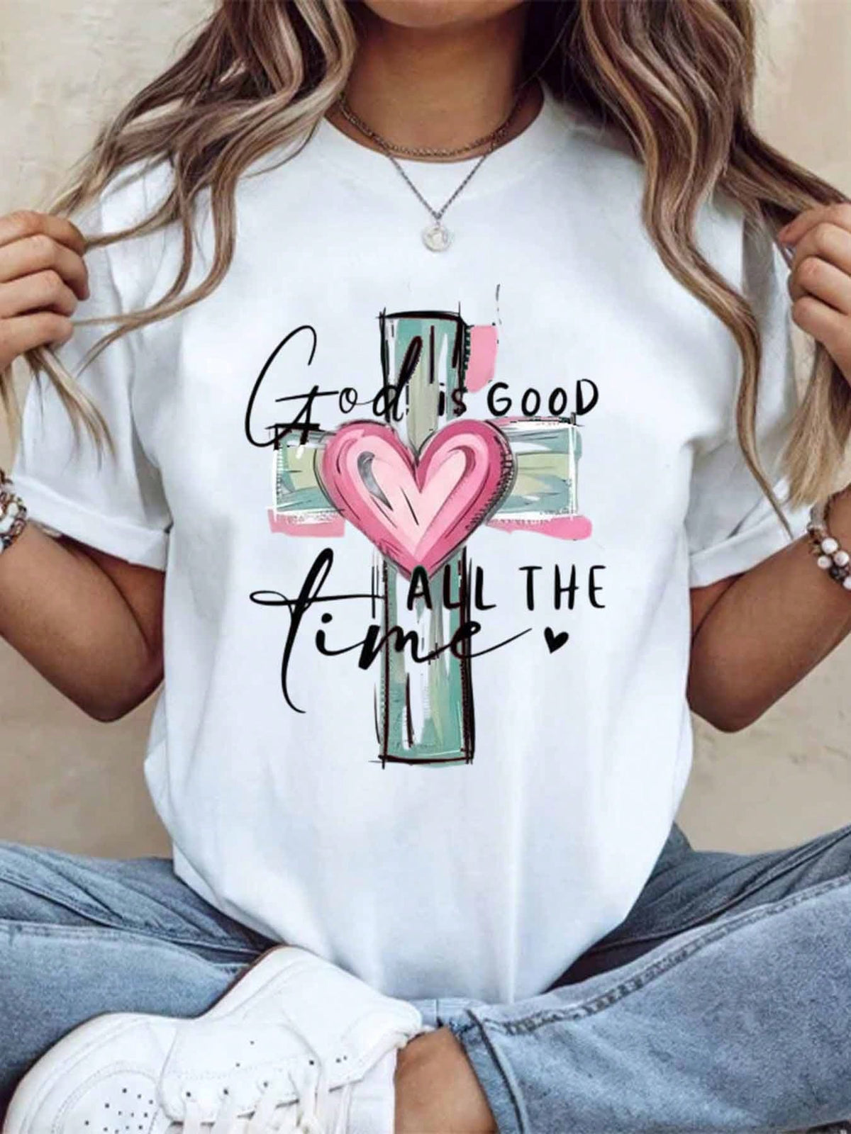God Is Good All The Time Christian Cross Heart T Shirt For Women Faith Inspired Religious Top Cute Summer Outfit Mother Day Gift Idea