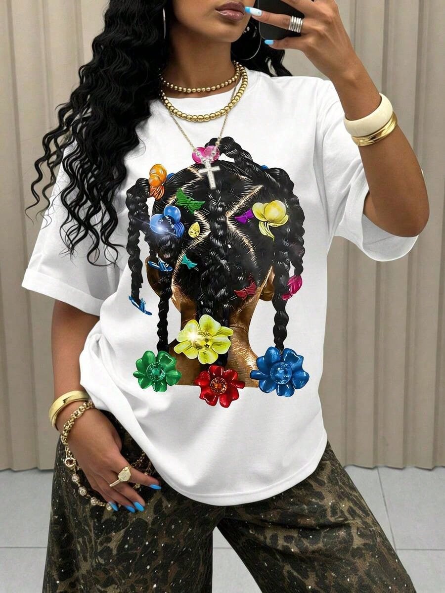 Braided Print Short Sleeve Tee US Casual Crew Neck Graphic Top
