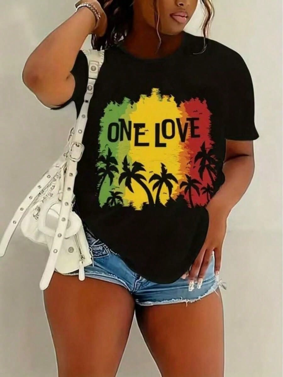 One Love Palm Tree Print Oversized Short Sleeve Tee Casual Vacation Top